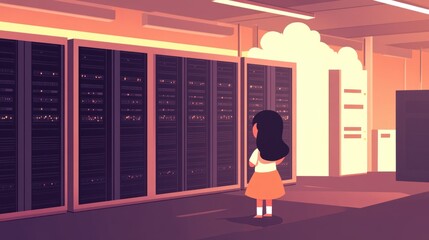 Poster - A young girl stands looking at a server room and the cloud