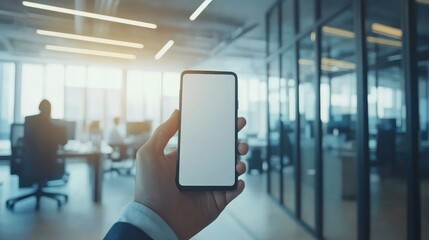 Poster - A person holding up a smartphone in an office setting