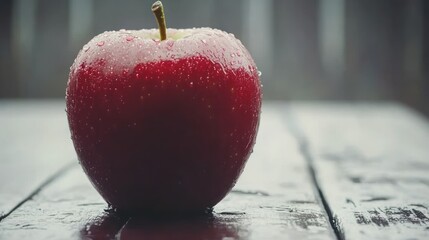 Poster - A single red apple with water droplets on a wooden surface