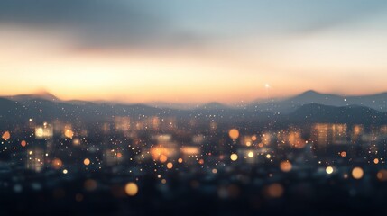 Poster - A blurred cityscape illuminated with lights against a sunset sky