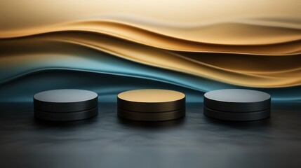 Poster - Three circular product platforms against a wavy golden backdrop