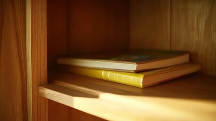 Poster - Two books rest upon a wooden shelf in soft light