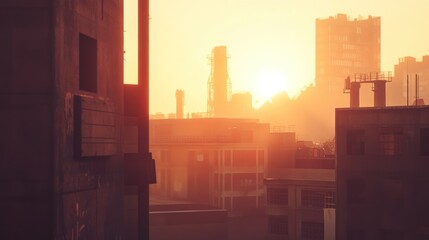 Poster - An industrial cityscape during sunset glows with warmth and haze