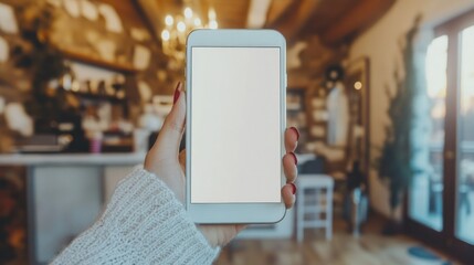 Poster - A person holding up a smartphone inside a building setting