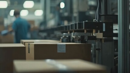 Poster - Cardboard boxes move through an automated system in a warehouse
