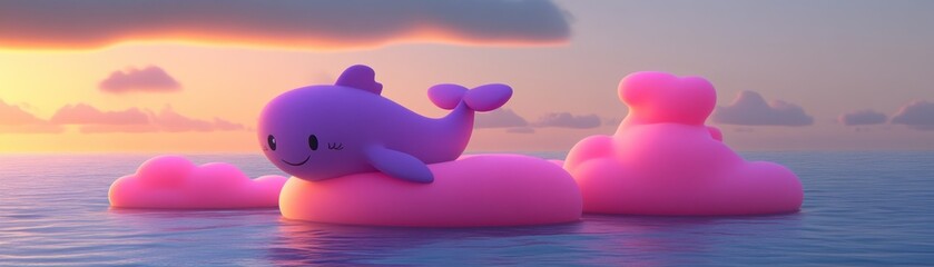 Poster - A cute purple whale floating happily on ocean waters at sunset