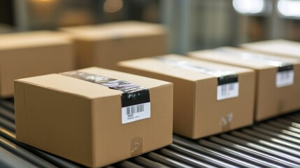 Poster - Cardboard boxes are traveling along a metallic conveyor belt system