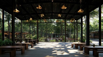 Poster - A modern outdoor dining area surrounded by trees and greenery