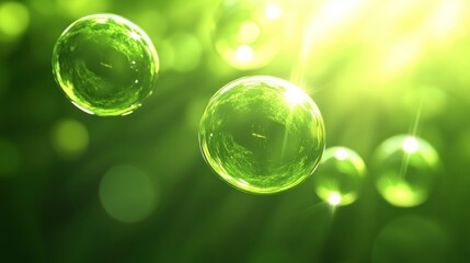 Poster - Several glowing green spheres float within a radiant background of light