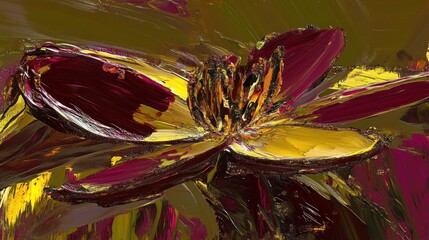 Poster - A vivid abstract floral painting featuring dark red and yellow