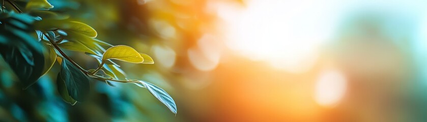 Poster - Green leaves are illuminated with bright orange sunlight and bokeh