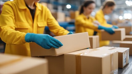 Poster - Workers processing packages on a conveyor belt in a warehouse