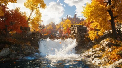 Aufkleber - A scenic autumn landscape showcases a rushing waterfall with colorful trees