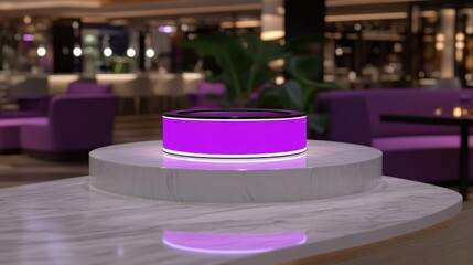 Poster - A luminous purple circular object rests atop a white pedestal