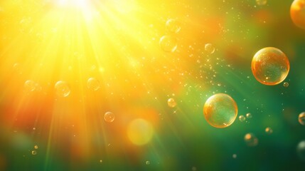 Poster - Glowing sunbeams shining through transparent floating bubbles in nature