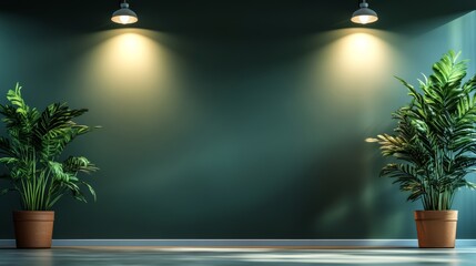 Poster - Wall with two potted plants and two light fixtures. The wall is green and the plants are tall