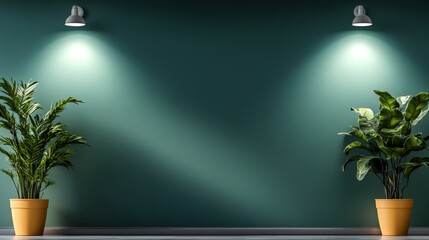 Poster - Wall with two potted plants and two lights. The wall is green and the plants are small