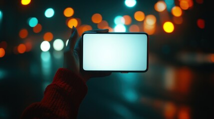Poster - A hand holding a smartphone with blurred city lights at night