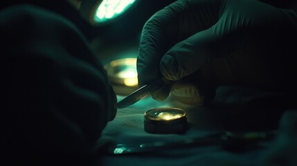 Poster - Surgical hands are meticulously preparing a small circular object for a procedure