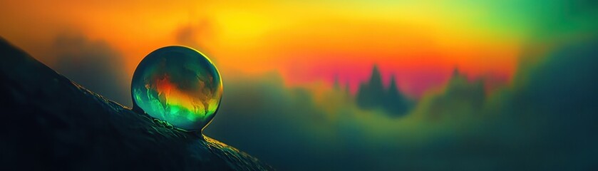 Poster - A large glass sphere reflecting a vibrant colorful sunset landscape