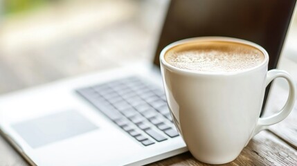 Poster - A white mug of coffee beside a laptop computer sits nearby