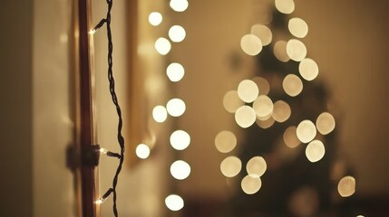 Poster - Blurred holiday lights with Christmas tree and decorative string