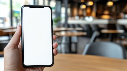Poster - Hand Holding Up A Blank White Screen Smartphone In A Cafe