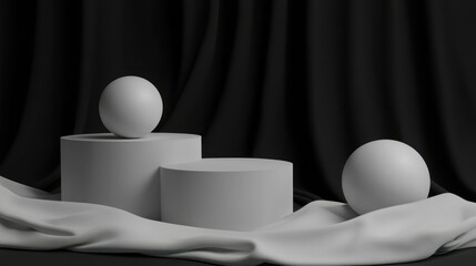 Poster - White spheres rest on pedestals and draped white fabric