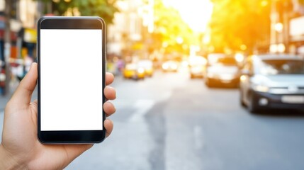 Aufkleber - A hand holding a smartphone with blank display outdoors on street