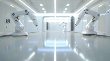 Poster - Two industrial robots are positioned in a white futuristic corridor