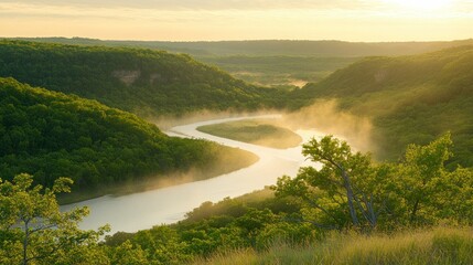 Poster - A winding river flows through lush green hills at dawn
