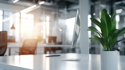 Poster - A modern office desk featuring a computer display and a plant