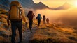 © Nataliia_Trushchenko - Group of hikers are walking up a mountain trail. The sun is setting, casting a warm glow over the landscape. The hikers are carrying backpacks and are walking in a line