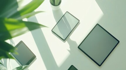 Poster - Various tablets and a plant are arranged on a white surface
