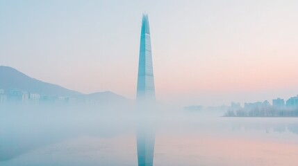 Poster - A Tall Skyscraper Emerging From Morning Mist Across Water