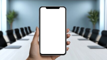 Poster - A hand holds a smart phone in a modern conference room setting
