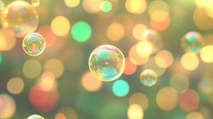 Poster - Floating soap bubbles against a dreamy background of blurry lights