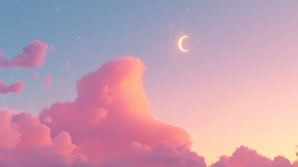 Poster - Pink Fluffy Clouds Under a Soft Gradient Sky with Crescent Moon