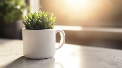 Poster - A small green succulent plant rests in a white ceramic mug