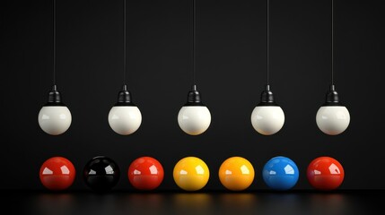 Poster - White spherical lamps hanging above colorful polished spheres