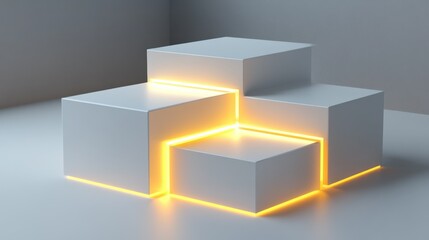 Poster - Illuminated geometric cube steps arranged inside an empty space