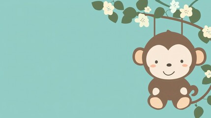 Poster - A cartoon monkey hangs from a tree branch with flowers