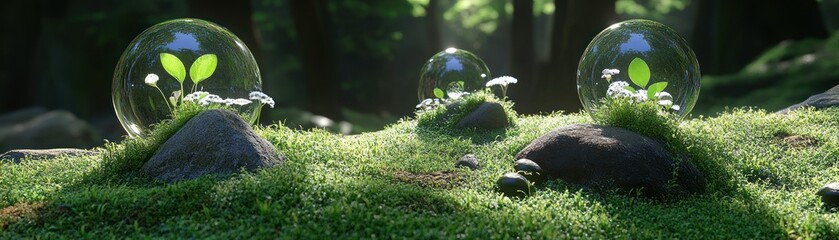 Poster - Three transparent spheres holding plants in a natural forest scene