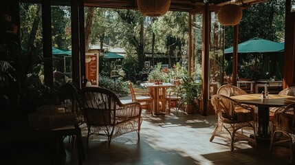 Poster - A cozy open air cafe overlooking lush green trees and plants