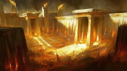 Poster - Fiery painting depicting an ancient architecture with columns and stairs