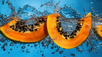 Poster - Papaya slices submerged in water with splashing and vibrant colors