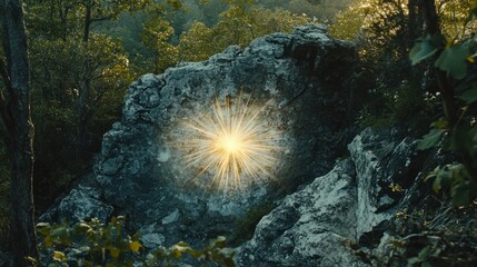Poster - A bright light shines within the natural rocky forest scene