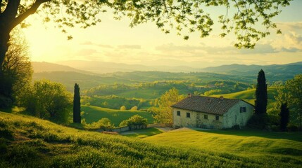 Poster - A picturesque countryside scene depicts a beautiful green rural landscape