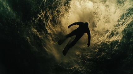 Aufkleber - A surfer riding a large wave in the vast open ocean