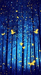 Poster - A serene forest at night with glowing butterflies and lights